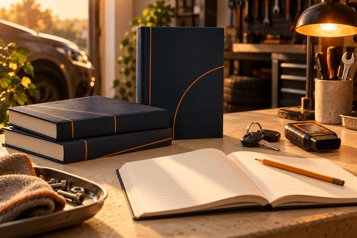 Trois livres bleu nuit sans titre définitif, un carnet et un lecteur OBD posés sur un établi.