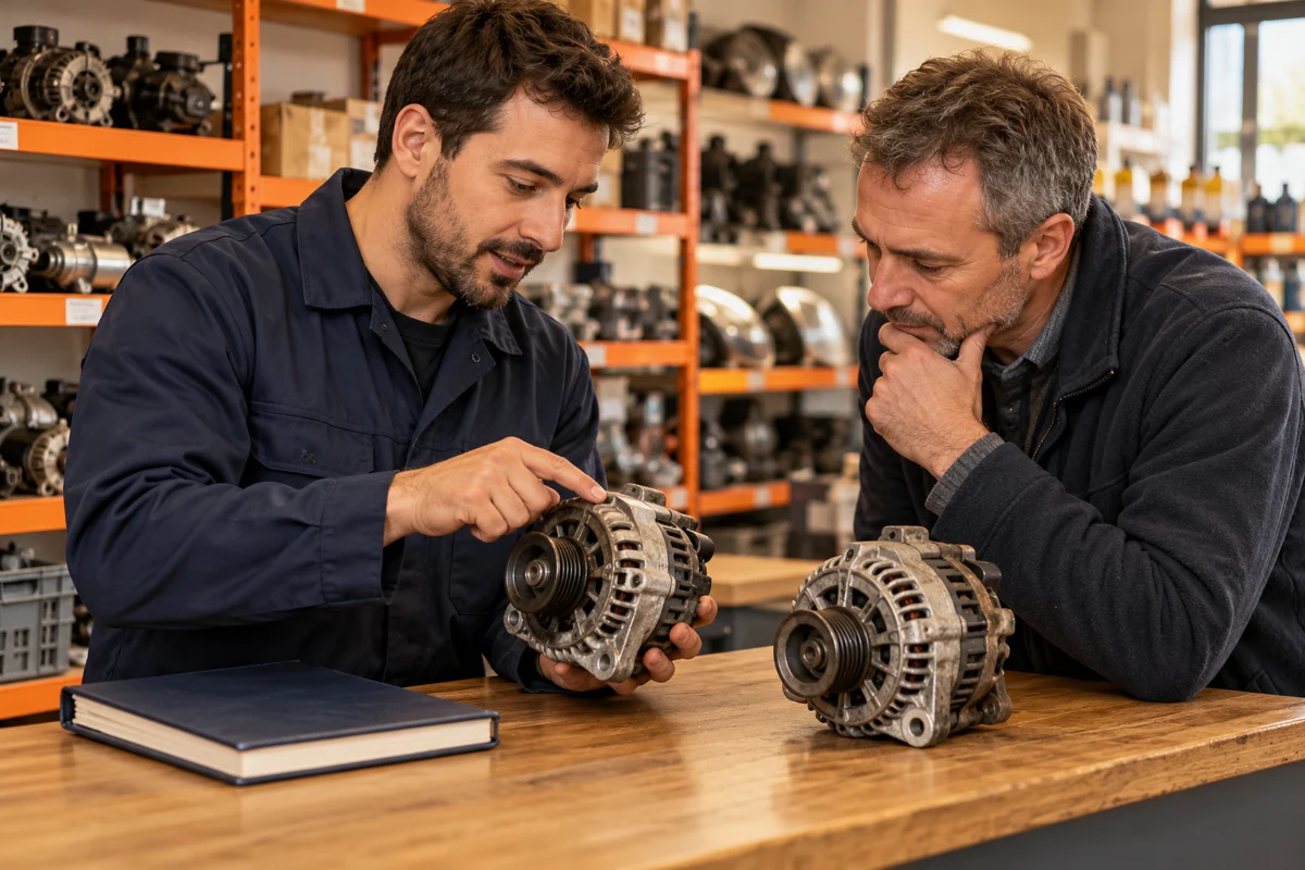 Un vendeur et un automobiliste comparent des pièces sur un comptoir.