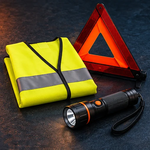 Un gilet de visibilité, un triangle et une lampe.